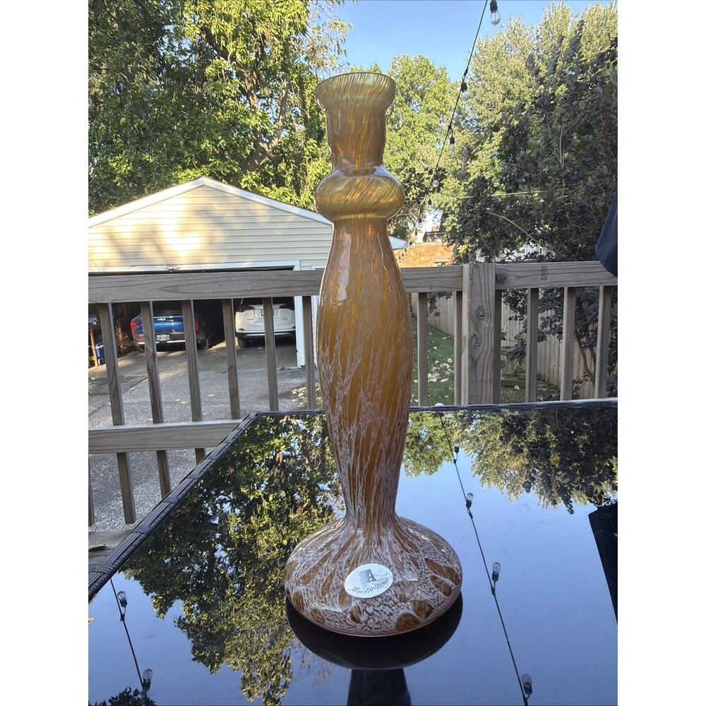 Vintage MAESTRI VETRAI Smokey Carmel & White Swirl Candlestick Label 12.5"H